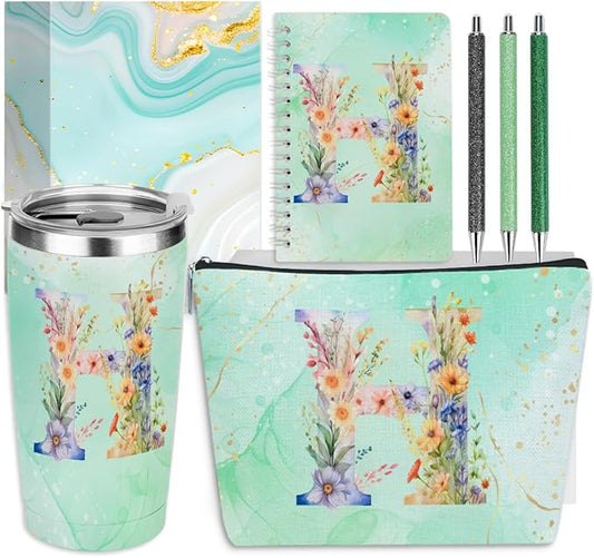 Personalized Gifts Monogrammed Birthday Gifts for Women, Bridesmaid Bachelorette Party Christmas Initial 20 oz Tumbler, Makeup Bag Cup Ballpoint Pens Journal Notebook 6 Set, (Aesthetic Green Flower H)