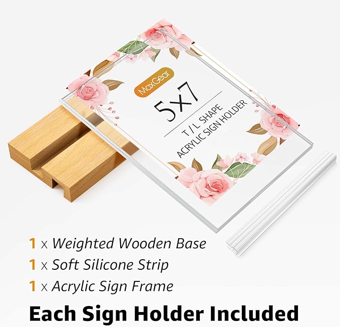 MaxGear L/T Shape Acrylic Sign Holder, 5 X 7 Clear Table Display Stand with Wooden Base, Flyer Menu Holder Photo Frames Paper Stand for Office, Wedding, Restaurants, Hotels 6 Pack
