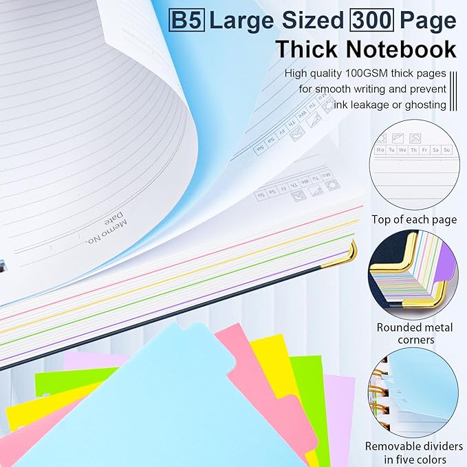 Hardcover Spiral Notebook 8"x10" Journal Notebook with Tabs and Removable Dividers 300 Pages 5 Subject Notebook College Ruled, Faux Leather Spiral Bound Notebook for Women, Students, School Work (Dark Blue)