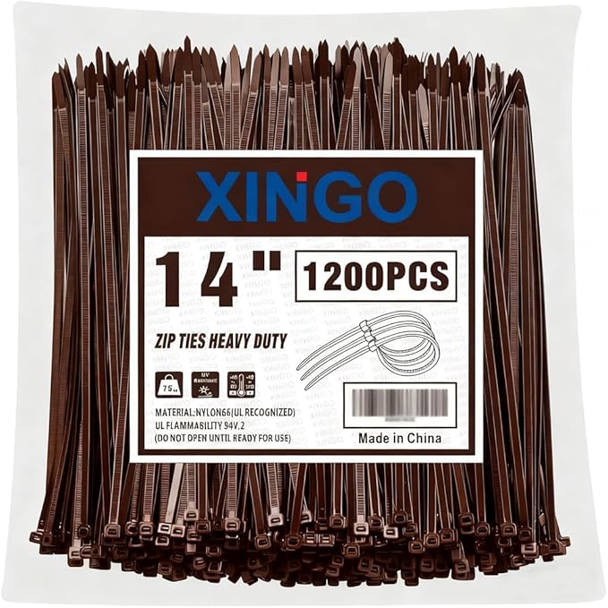XINGO 14 Inch Brown Zip Ties 1200 PCS, 75 LBS Ultra Strong Tensile Strength, UV Resistant Cable Ties, Self-locking Plastic Ties for Indoor and Outdoor Use
