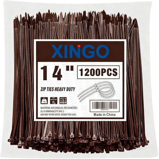 XINGO 14 Inch Brown Zip Ties 1200 PCS, 75 LBS Ultra Strong Tensile Strength, UV Resistant Cable Ties, Self-locking Plastic Ties for Indoor and Outdoor Use