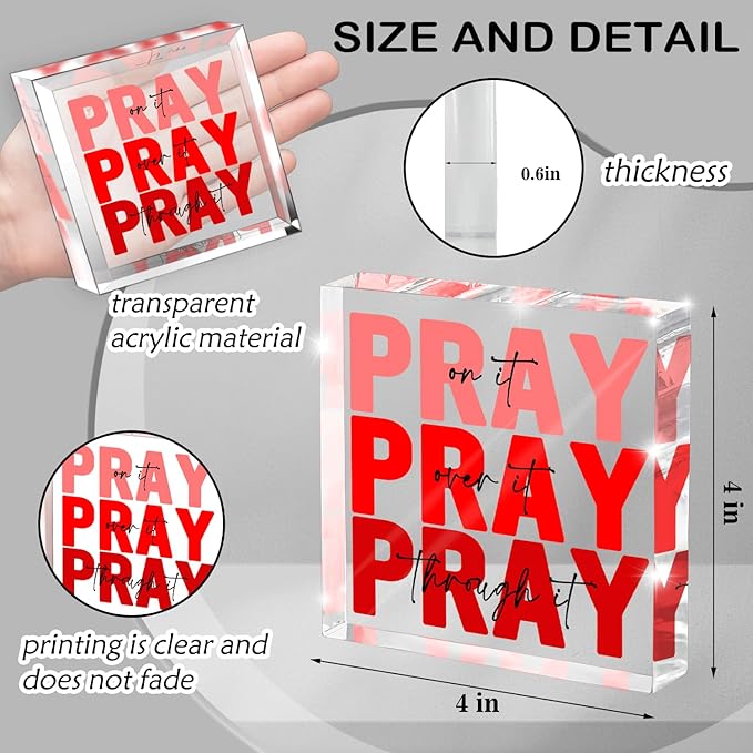 Red Dorm Room Decor for Women, Ideal Christian Gifts for Women - Pray On It,Pray Over It - Bible Verse Desk Art, Inspirational Decor, Desk Decorations for Office, 4 x 4 inches（Red）