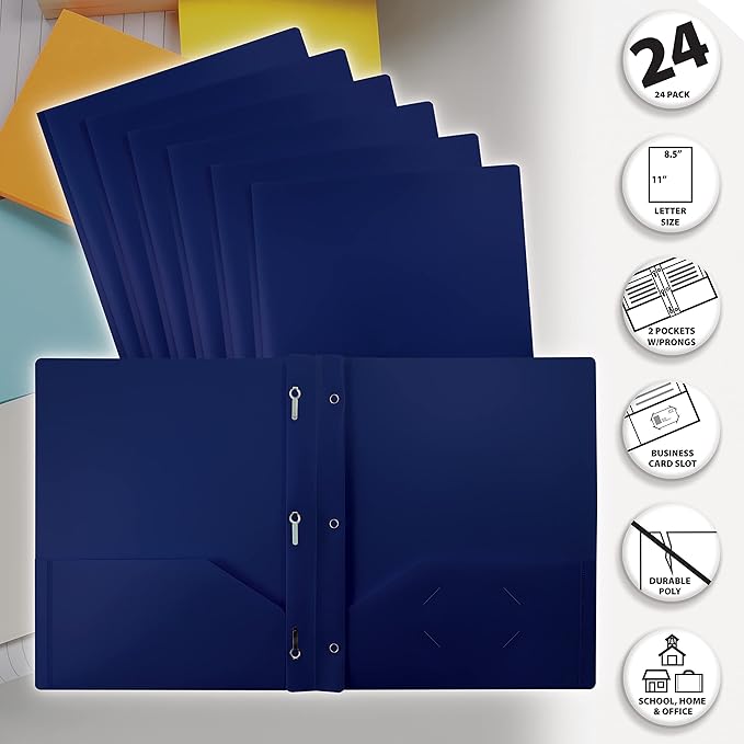Better Office Products Blue Plastic 2 Pocket Folders with Prongs, Heavyweight, Letter Size Poly Folders, 24 Pack, with 3 Metal Prongs Fastener Clips, Blue