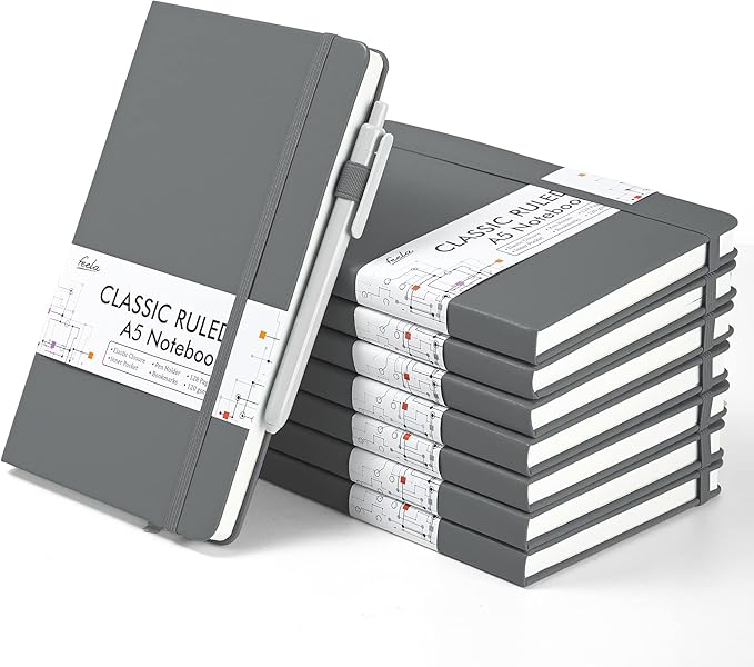 feela 8 Pack Journal Notebook Bulk for School, Hardcover Business Notebooks Classic Ruled Lined Journals with Pen Holder for Work Note Taking, with 8 Black Pens, 120 GSM, 5.1”x8.3”, A5, Gray