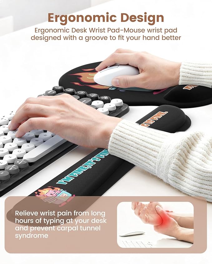 HAOCOO 4-in-1 Cute Desk Mat Set, Ergonomic Mouse Pad with Gel Wrist Rest, Memory Foam Keyboard Wrist Rest for Pain Relief, Desktop Protector Coaster, Comoputer Pads with Non-Slip Base(Black)
