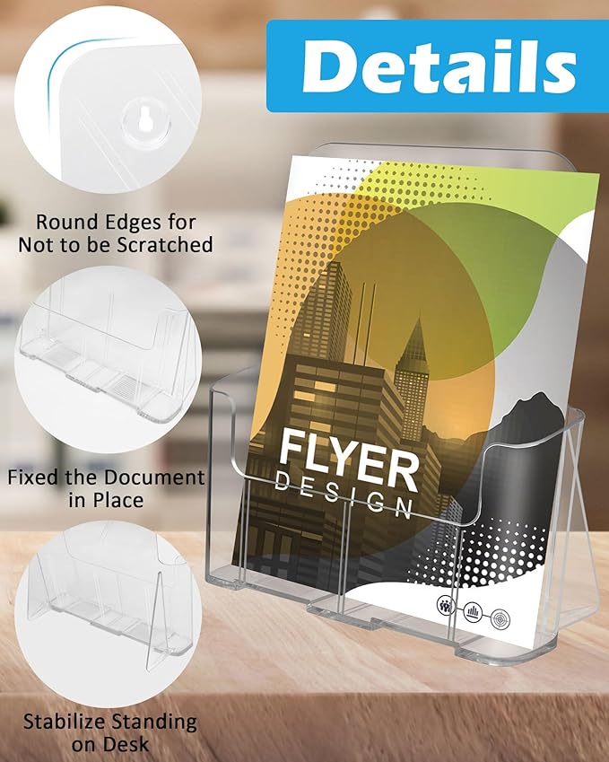 Acrylic Brochure Holder, Acrylic Sign Holder 8.5 x 11, 6 Packs Brochure Display Stand, Clear Flyer Holder Pamphlet Paper Literature Holder for Document Magazine Menu, Table Desk Wall Mount