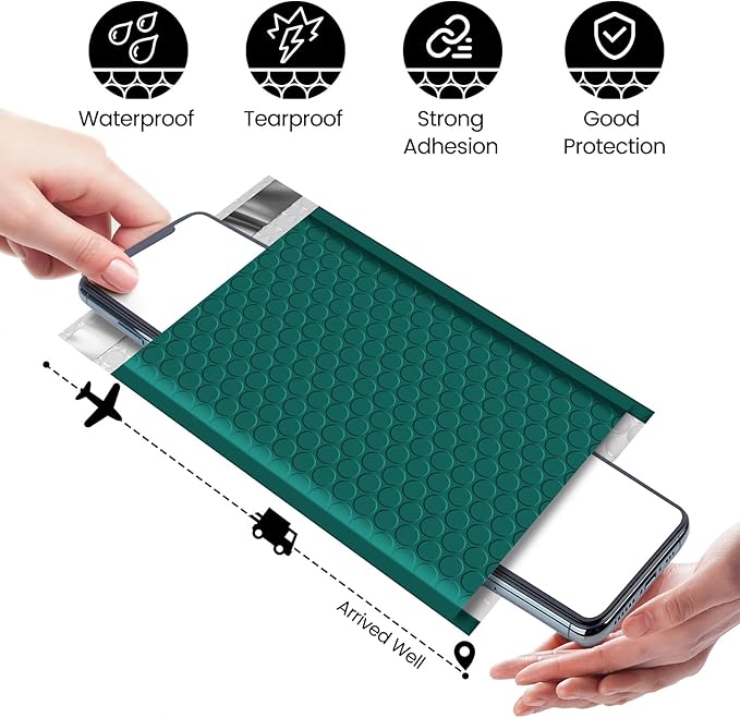 Fuxury Bubble Mailers 4x8" 100 Pack Bubble Mailer Usable Size 4x7" Forest Green Padded Envelopes Waterproof Shipping Envelopes Padded Mailers for Small Business Mailing