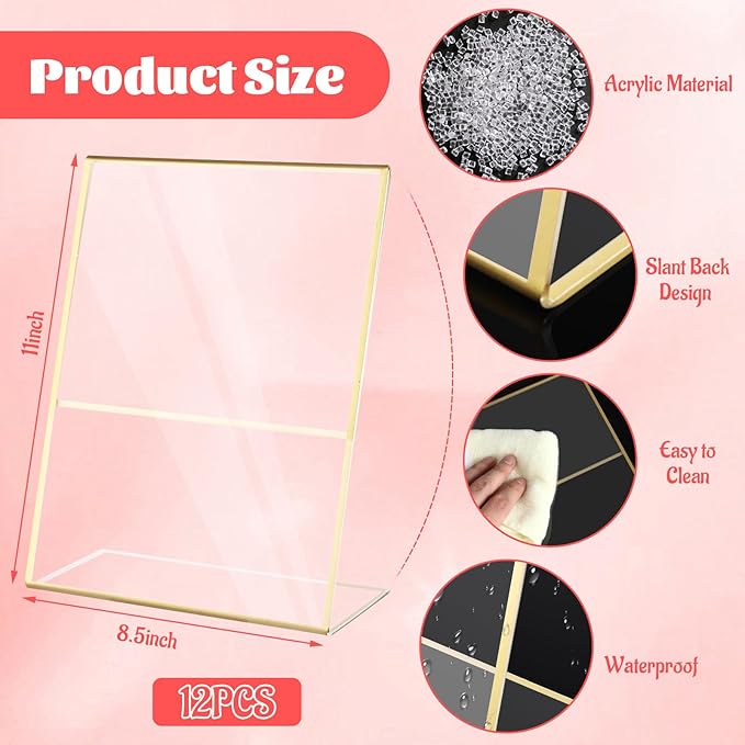 12 Pack Acrylic Sign Holder 8.5 x 11 Gold Vertical Plastic Sign Holder 8.5 x 11 Standing Clear Flyer Display Holder Menu Picture Paper Display Stand for Hotel, Office, Restaurant