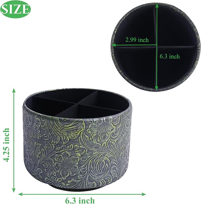lizimandu Round Leather Art Supply Organizer,Remote Control Holder,360 Degree Spinning,Multi-Functional Pencil Holder,4 Compartments Desktop Stationary Organizer(1-Carved Metal Green2)