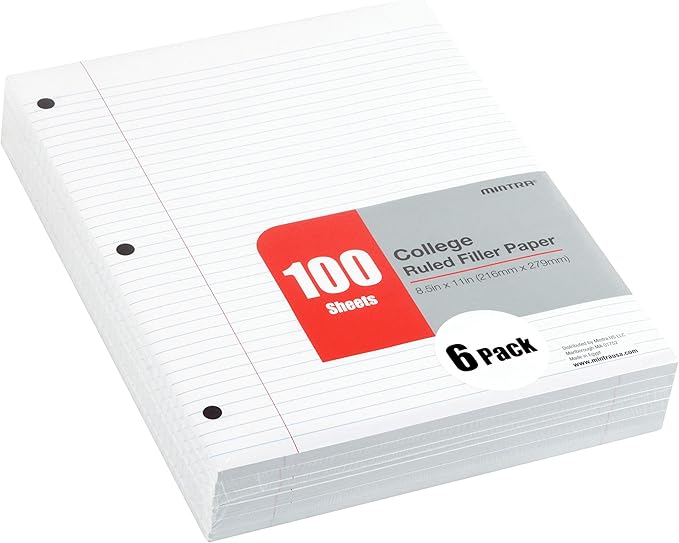 Mintra Office Filler Paper (College Ruled, 2400 Sheets (4-6pks)) - 8.5in x 11in - Filler Paper for Ring Binders