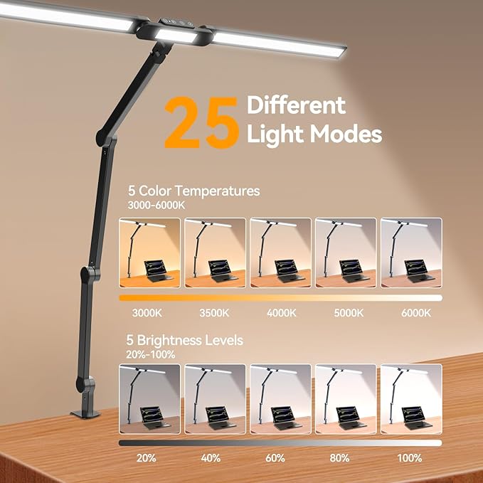 LED Architect Desk Lamp with Clamp - 24W Ultra Bright Adjustable Swing Arm Light for Home Office, 3000 Lumen Auto Dimming Computer Lamp with Stepless Touch Control, Rotatable for Video Calls, Drafting