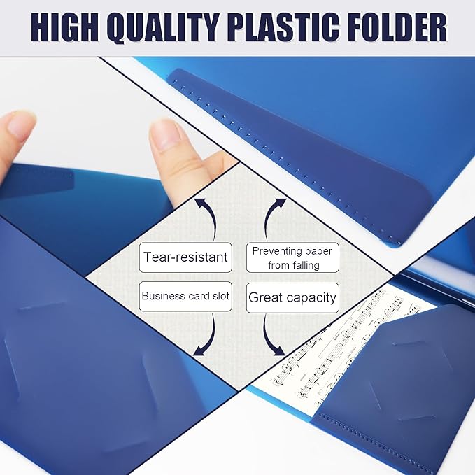 Pastel Plastic File Folders with Pockets and Prongs, 7 Pack, A4 Letter Size, Heavy Duty Waterproof Office Folders with Clear Front Cover for School, Home, and Office (Blue)