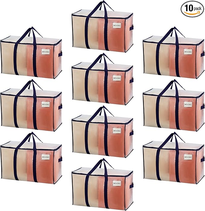 VENO 10 Pack Moving Bags, Heavy Duty, Moving Boxes Alternative, Packing Storage Supplies for Dorm Room Essentials with Zipper for Clothes, Extra Large Totes for Packaging (Clear, 10 Pack)