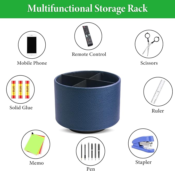 Hennaja Round Leather Art Supply Organizer,Remote Control Holder,360 Degree Spinning,Multi-Functional Pencil Holder,4 Compartments Desktop Stationary Organizer(1-Lichee Blue)