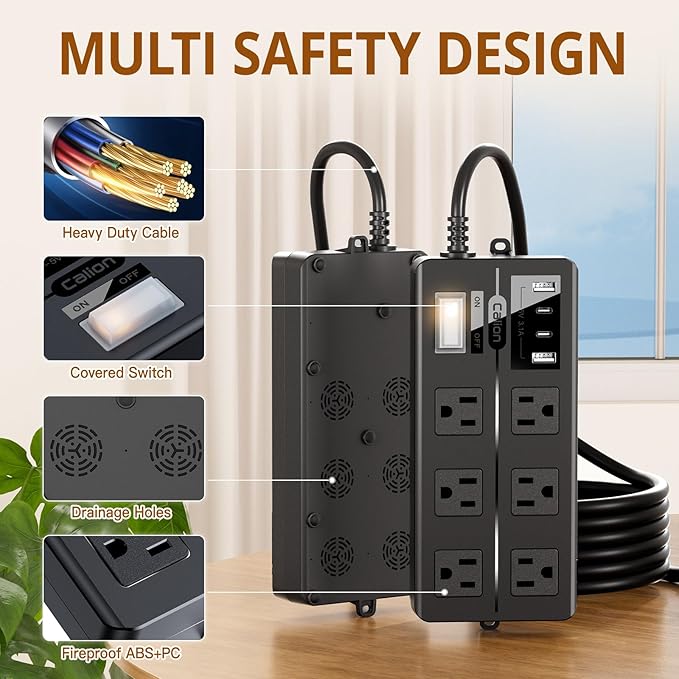 Outdoor Power Strip Weatherproof,Waterproof Surge Protector with 4 USB Ports and 6 Outlets,15 FT Extension Cord with Flat Plug,Shockproof Overload Protection, Wall Outlet for Home Office Porch Patio