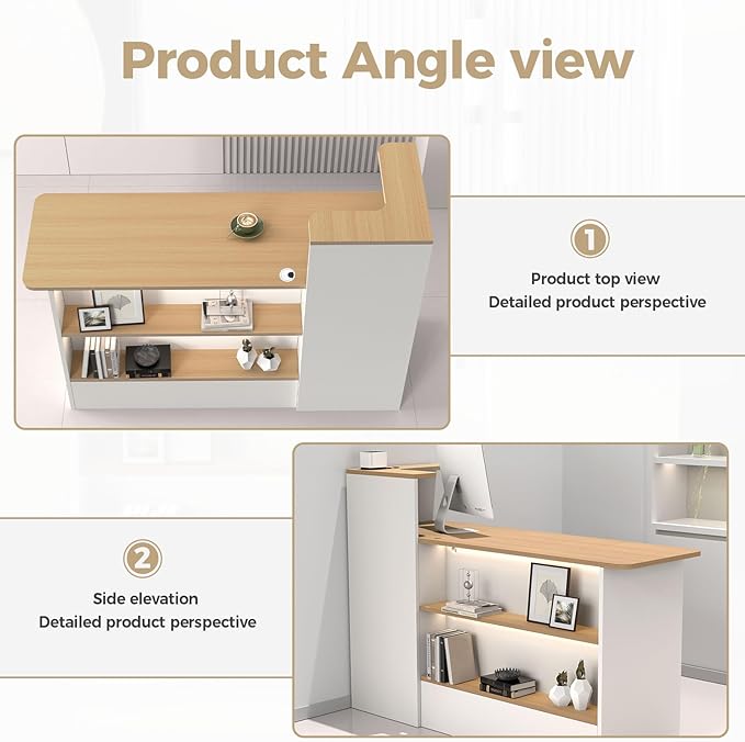 Modern Reception Desk with LED Lights - 47" Front Desk Reception Counter with Dual Display Shelves & Hidden Cable Management, Lockable Drawer & Storage Cabinet for Office, Salon, Spa, Retail, Right