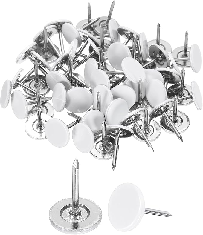 uxcell 120Pcs Push Pins, 11mmx15mm Round Flat Head Decorative Thumb Tacks Upholstery Tacks for Cork Board Office Wall Hangings, White