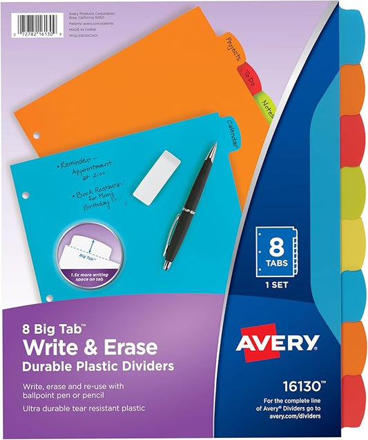 Avery Big Tab Write & Erase Durable Plastic Dividers for 3 Ring Binders, 8-Tab Set, Bright Multicolor, 1 Set (16130)