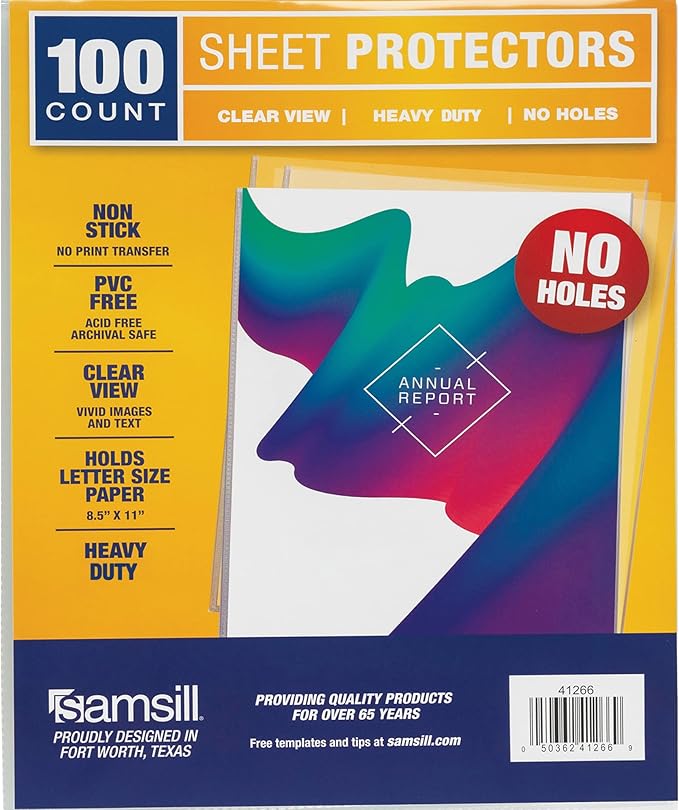 Samsill No Holes Sheet Protectors, 100 Pack, 8.5 x 11 Inch Page Protectors for 3 Ring Binder, Heavy Duty, No Hole Protector, Letter Size, Top Loading, Acid Free