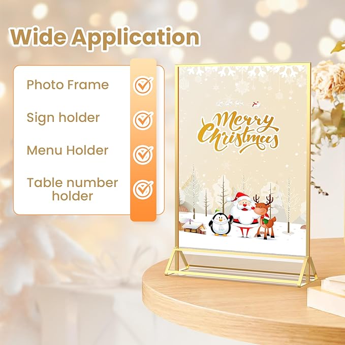 Gold Frames 8X10 Acrylic Sign Holder Double-Sided Picture Frames for Menu, Wedding Table Number, Christmas Photos With Removable Round Stickers - 6 Pack