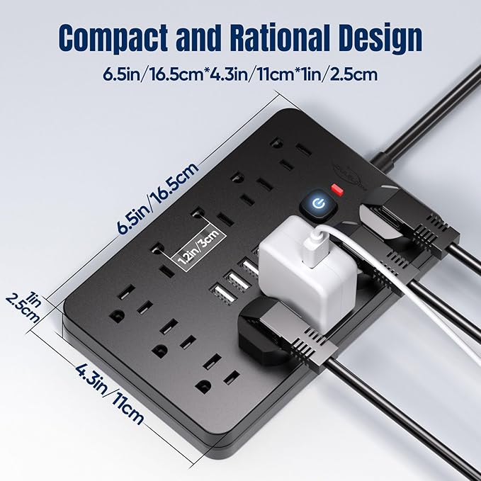 6 FT Flat Plug Surge Protector Power Strip,11 Multiple AC Outlets with 6 USB Ports (2 USB C), 6 Feet Extension Cord, 1250W/10A, One Touch Switch Button, 17 in 1 Compact powerstrip