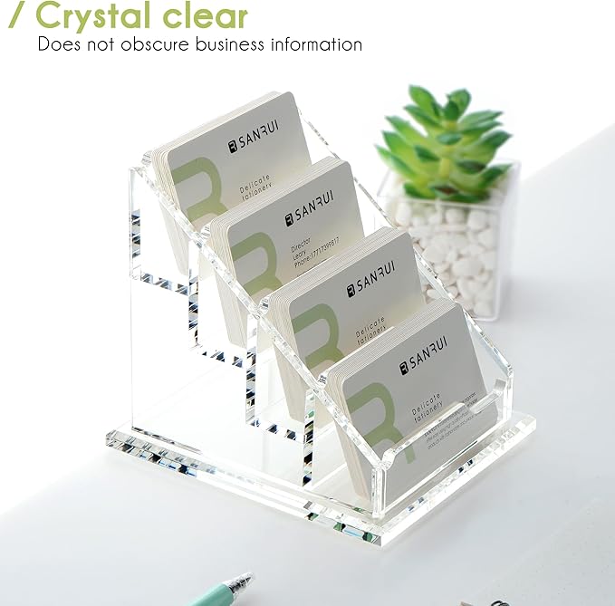 YUXUN Business Card Holder for Desk Clear Acrylic Business Cards Display Stand Name Card Holder Case Organizes 200 Cards-4 Slot 4 Tier 1 Pack(4 slot-H)