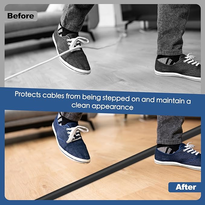 Floor Cord Cover for Wires on Floor Self Adhesive Cord Hider Floor Cable Management Wire Covers for Cords Protector Prevent Cable Trips Cord Cavity W 0.32" x H 0.32", Black, 20Ft