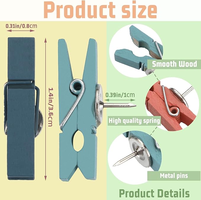 200 Pcs Push Pin with Wooden Clips Tacks Boho Classroom Decor for Cork Board Bulletin Board Colorful Thumb Tacks Wooden Clips for Teachers School Office Home Supplies Accessories