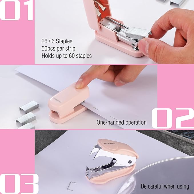 WORKPRO Mini Stapler with Staples, Pink Stapler Set Includes Two Small Staplers, One Staple Remover, 2000 Standard Staples - Cute Staplers for Desk with Non-Slip Base, Lock Design - Pink Ribbon