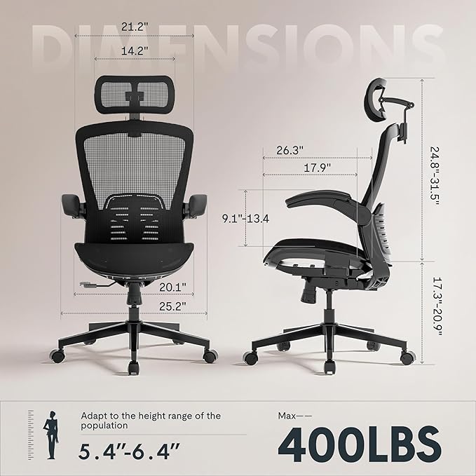 FLEXISPOT OC3-Pro Air Ergonomic Office Chair for Big and Tall Black, High Back Office Chair with Flip-up Arm/8-Level Lumbar Support, Mesh Seat Cushion, Chairs for Home Office Working Studying Gaming
