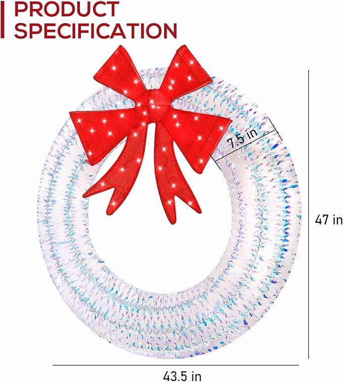 Hykolity 48 in. 3D Lighted Outdoor Iridescent Christmas Wreath with Red Bow, 140 LED Lights Christmas Wreath for Holiday, Garden, Porch Decoration