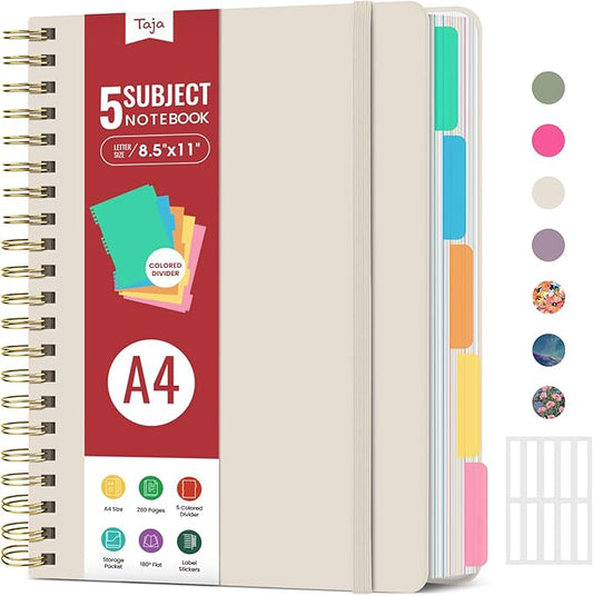 Hardcover Spiral Journal Notebooks for Work With Removable Dividers & Tabs, 8.5"x11" 5 Subject Notebook for Note Taking & Organizer, A4 College Ruled Lined Journal for Women & Writing, Grey Beige, 280 Pages