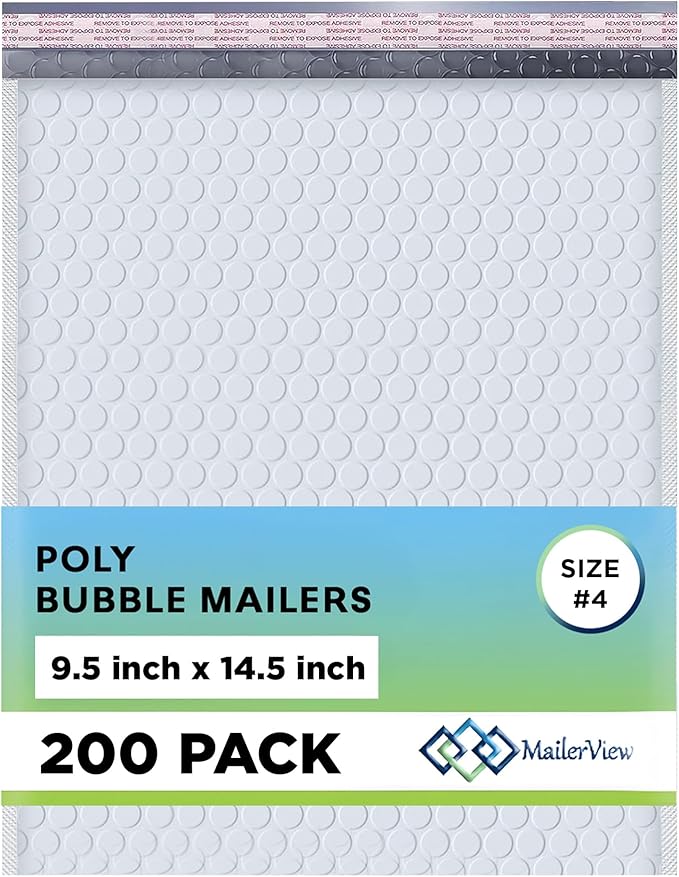 White Large Poly Bubble Mailers 9.5x14.5 inch #4 | Self Seal Padded Envelopes Cushioned Bubble Mailer | Usable Size 9.5x13.5 | WaterProof | Lightweight mailing Shipping Bags | 200 Pack Bulk | USA Made
