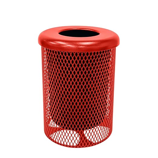 RFT-RED Heavy Duty 32 Gallon Round Trash Receptacle, Liner Included, Red with Flat Top Lid, Made in America
