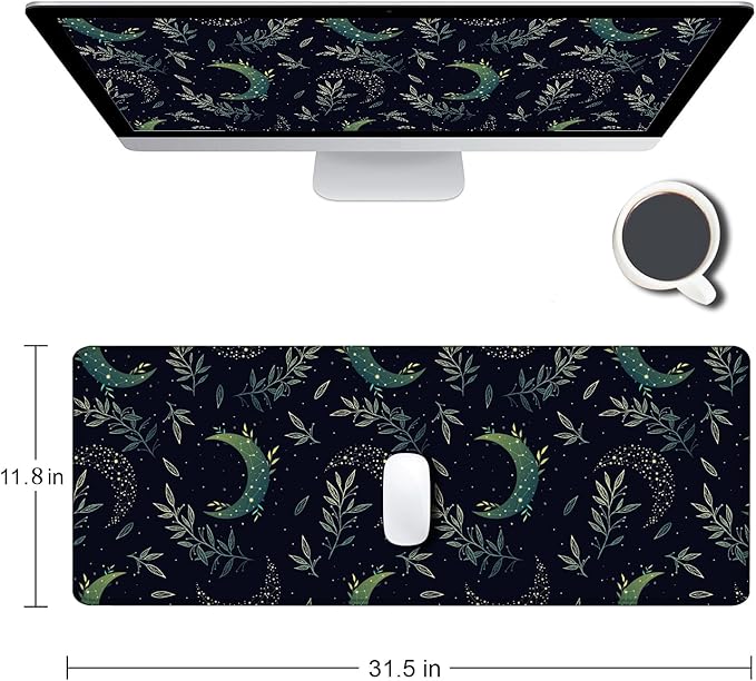 Gaming Mouse Pad, XXL Extended Computer Keyboard Long Mouse Mat, Large Desk Pad for Office Laptop, Non-Slip Rubber Base with Stitched Edge Mousepad, 31.5X11.8 inch Black Boho Magic Moon
