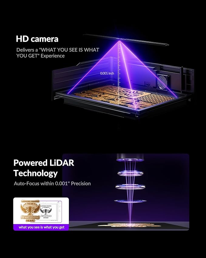 WECREAT Vision Pro 45W Laser Cutter and Engraver with Fume Extractor, HD Camera & Auto-Lifting, Laser Cutter Cuts 1” Wood, Full Enclosure Laser Engraving Machine for Wood and Metal, Acrylic, etc