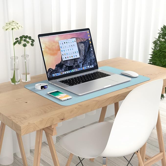 Hsurbtra Desk Pad, 23.6" x 13.8" PU Leather Desk Mat, M Extended Mouse Pad, Waterproof Desktop Blotter Protector, Non-Slip Ultra Thin Small Laptop Keyboard Writing Mat for Office Home, Lake Blue
