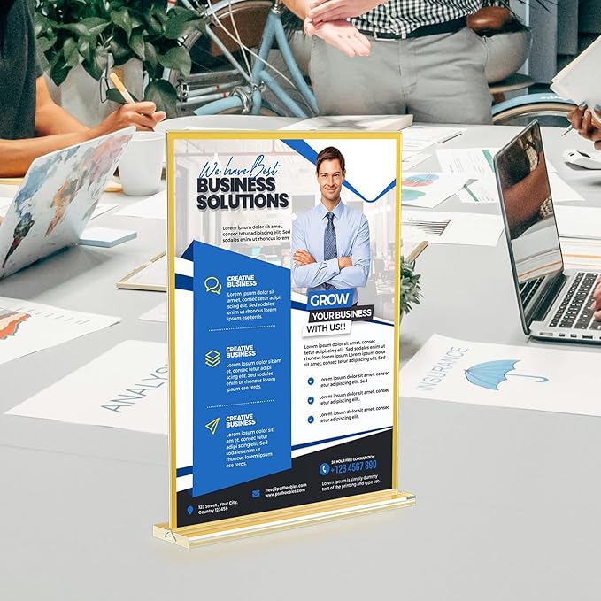 Acrylic Sign Holder 8.5 x 11,9 Pack Clear Sign Holder Double Sided Gold Table Menu Vertical Desktop Display Stand Paper Flyer Holder Tabletop Sign Holder Suitable for Restaurants, Office, Store,Hotels