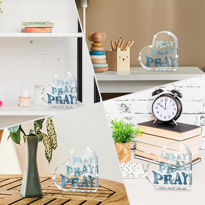 Blue Religious Christian Decor for Woman, Blue Heart Shape Gifts for Birthday Dorm Living Room Church Table Desk Bookshelf, Acrylic Office Desk Accessories Decoration Art Sign-Pray Through It