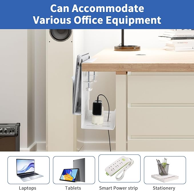 LUKETURE Desk Side Laptop Holder, Side Desk Laptop Holder with Cable Management Tray, 2 in 1 Steel Under Table Laptop Mount, Table Hanging Storage for Office and Home (White)