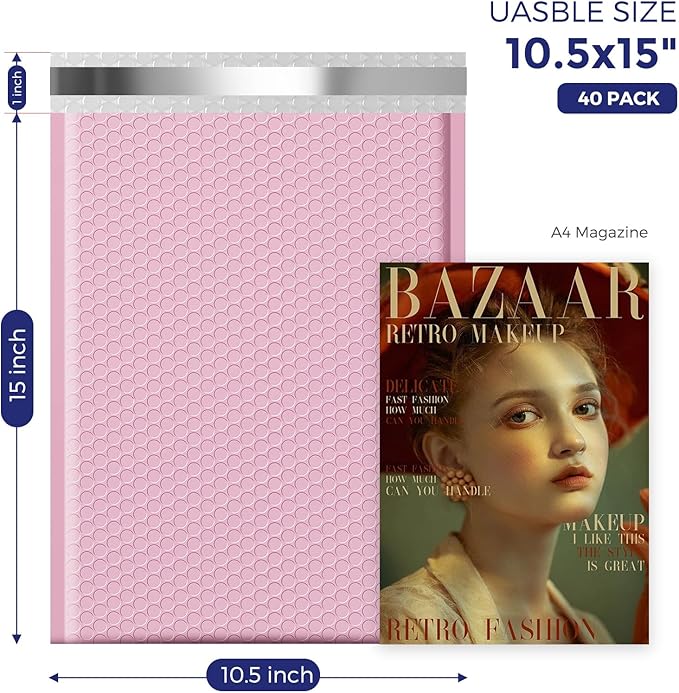 Fuxury Large Bubble Mailers 10.5x16 Inch 40 Pack Thick Padded Envelopes Opaque Mailing Envelopes Bubble Padded Mailers Shipping Bags for Packaging Small Business #5 Light Pink