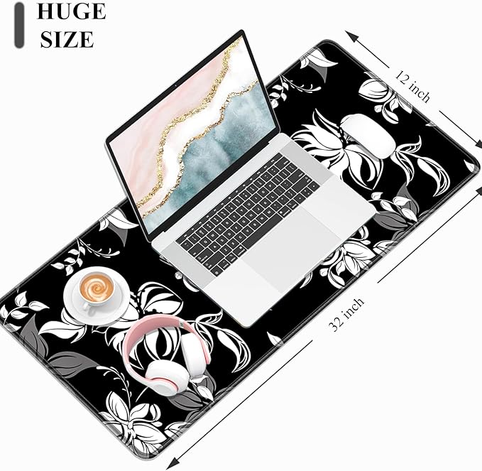 Desk Mat, 32" x 12" XXL Extended Large Gaming Mouse Pad, Desktop Decor Desk Pad, Cute Men Women Office Supplies and Accessories, XL Mouse Mat for Laptop & Keyboard, Black White Flowers