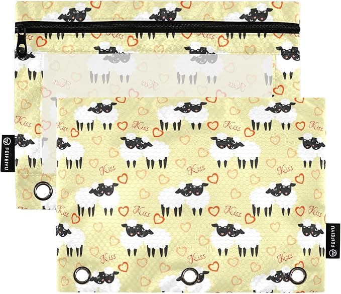 ZAZYXTJ Cute Sheep Binder Pencil Pouchs 3 Ring with Zipper Clear Window Office Organizers bag for School Students Teacher Supplies 2 Pack