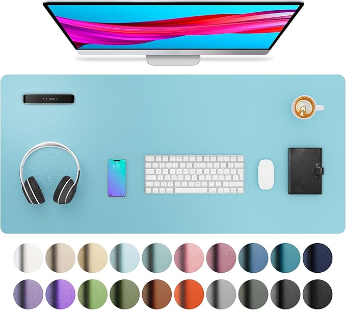 Aothia Large PU Leather Desk Pad Protector – Non-Slip Mouse Pad & Writing Mat for Office/Home, Waterproof, Easy to Clean(36" x 17", Blue Topaz)