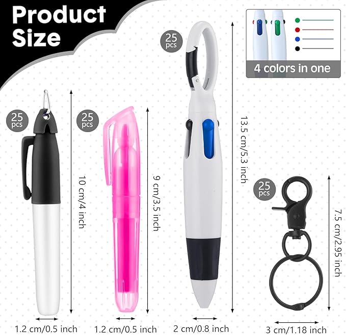 Sherr 25 Sets Retractable Nurse Pens with Mini Highlighter Permanent Marker Keychain Clip Badge Reel Pen Accessories for Nursing Students Medical Staff Office Stocking Stuffer Gift(Black Pink)