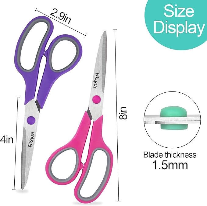 Black-Purple Scissors Pack, Rkqoa 8" Adult Scissors All Purpose - Comfort-Grip Sharp Shears for Office School Sewing Fabric Craft Art Supplies, Teacher/Class Everyday use, Classroom Must have