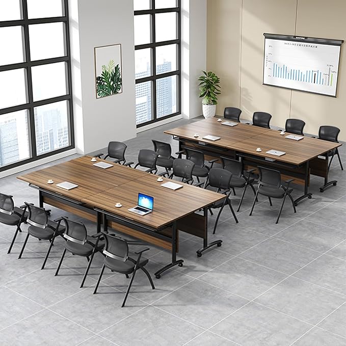 Folding Conference Table, Modern Large Conference Room Tables with Flip-Top Design, Foldable Conference Table Meeting Table with Wheels, Mobile Seminar Training Tables for Office Classroom (4, Walnut)