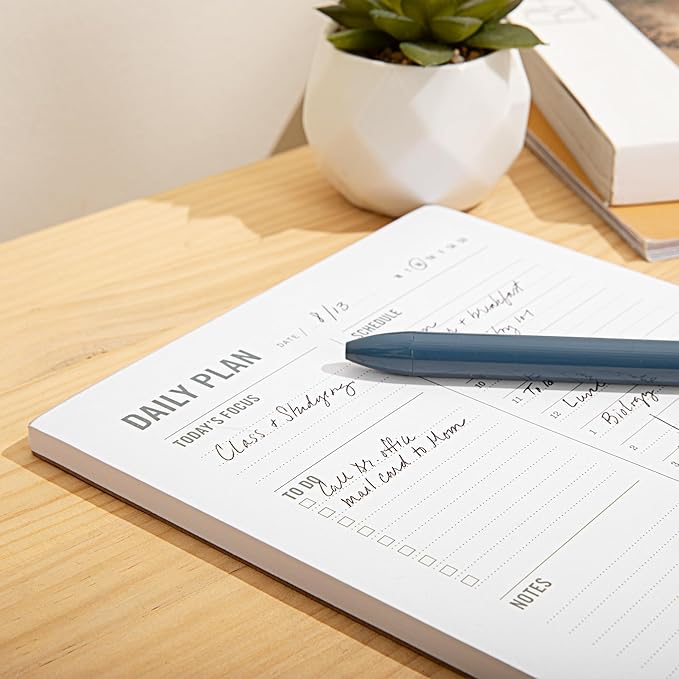 Daily Planner Notepad with Hourly Schedule - ADHD Planner, Time Block Planning Pad, Desktop To Do List, College Supplies - 6 x 9” - 50 Undated Sheets