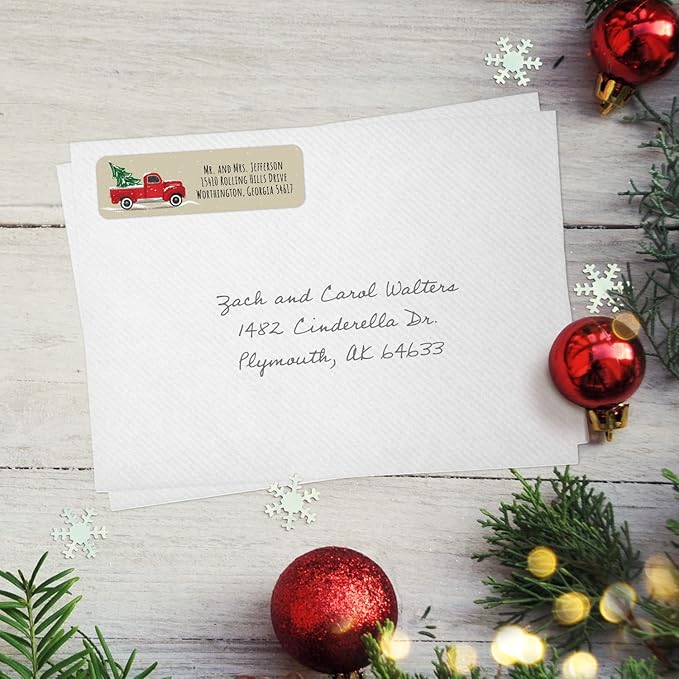 Red Holiday Truck Rolled Address Labels / 500 Personalized Return Address Labels/Designer Address Stickers in Elegant Plastic Dispenser