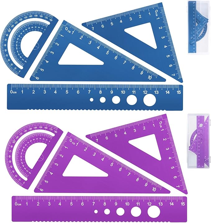 Honagu Triangular Ruler Set, 8 Pieces/2 Sets Aluminum Alloy Ruler, Metal Drafting Ruler, Geometric Protractor for Students, Draftsmen, Engineers, School Office Supplies (Blue+Purple)
